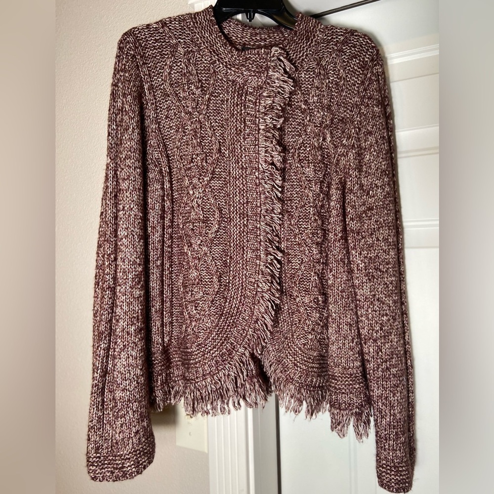 Tribal~Fringed~Cable Knit~Burgundy/Cream~Variegated~Sweater~Cardigan~Size TG/XL
